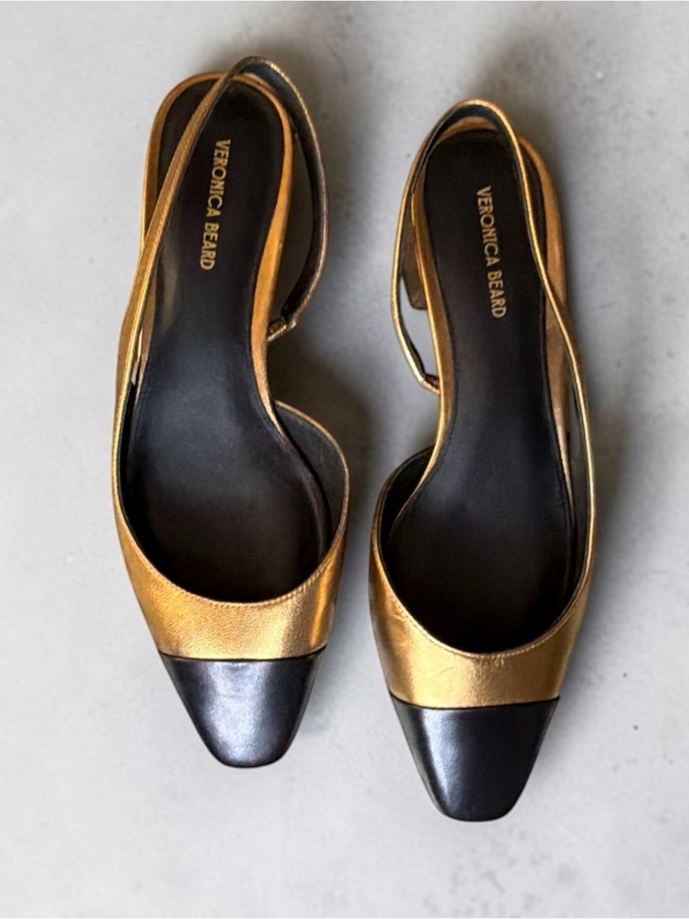 Veronica Beard Metallic Gold and Black Cap-Toe Slingback Flats